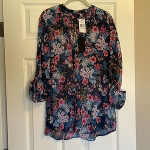 Kut From the Kloth Button Front Floral Sheer Blouse XL